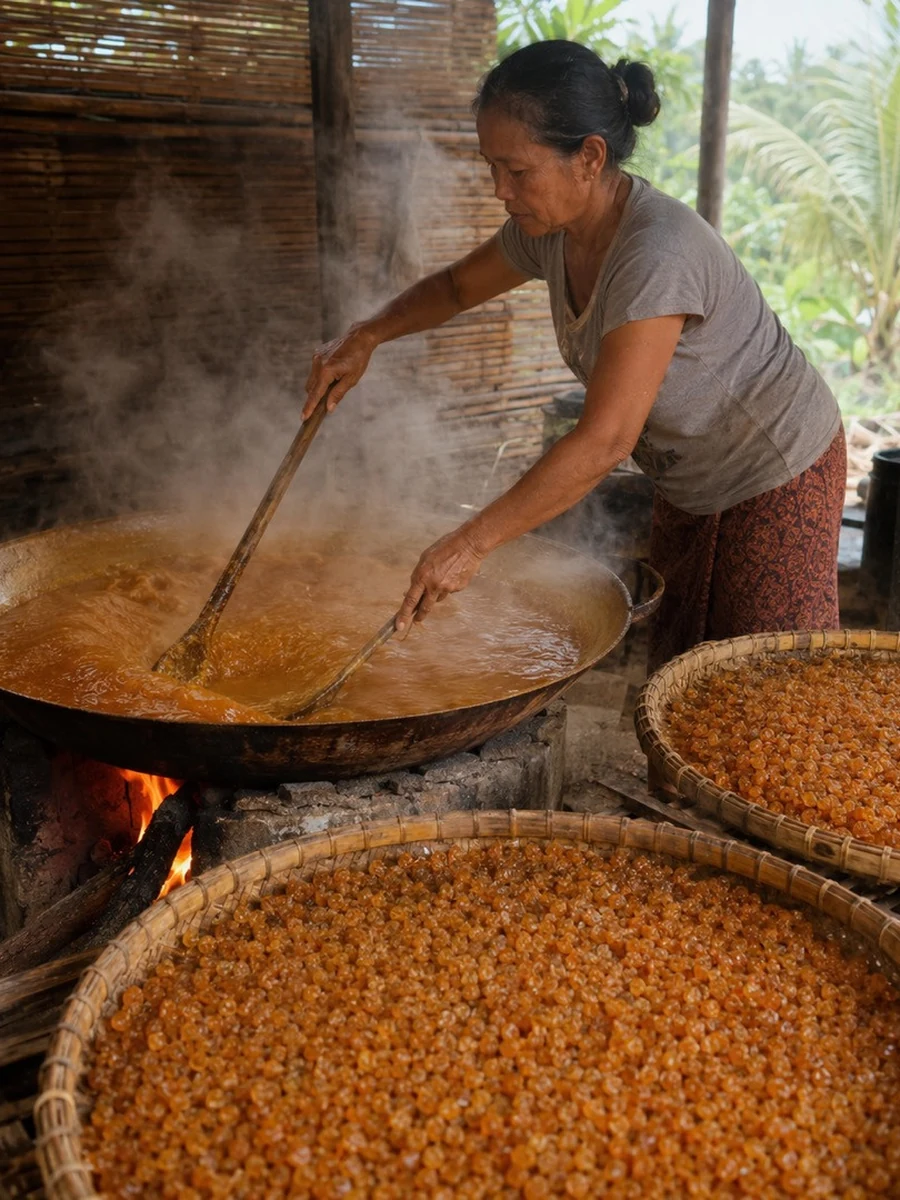 A maker stirring coconut sap over a wood fire beside trays of drying coconut sugar