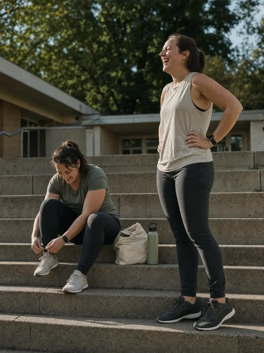 Two people lacing up on the steps before a run together