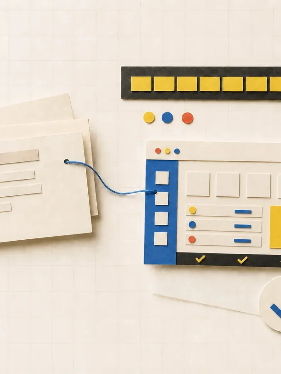 A paper-and-felt model of a workspace interface being assembled