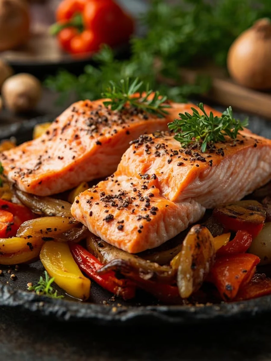 Two seared salmon fillets with herbs, over roasted peppers and onions